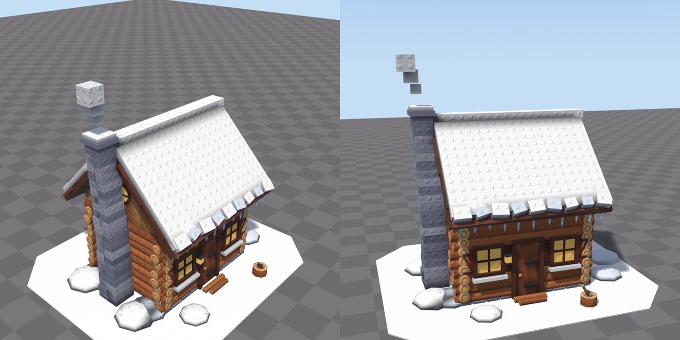 A cabin with glowing windows drawn after the bake
