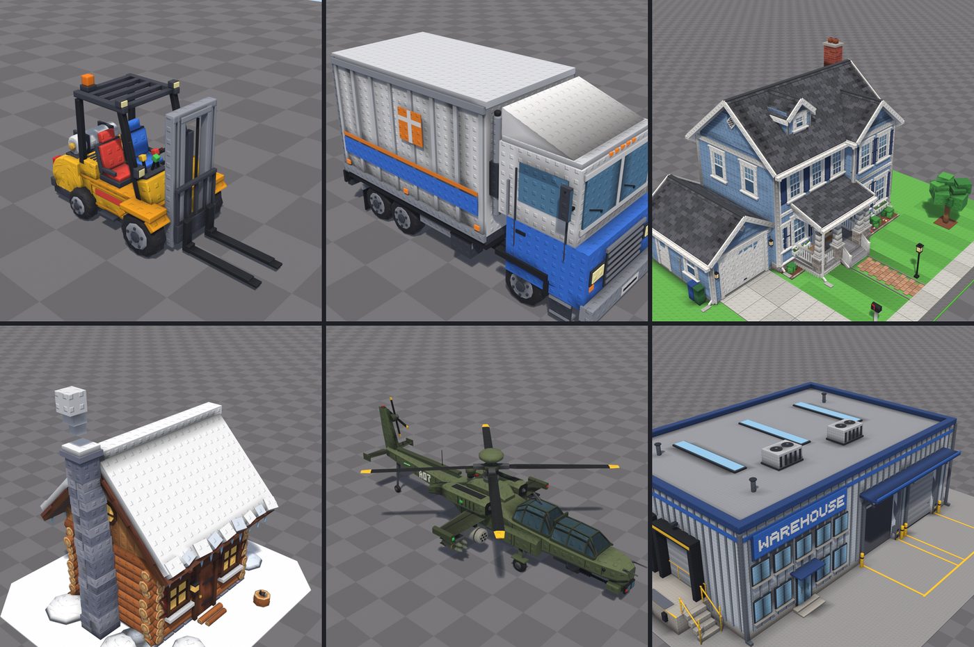 Six models made this way: a forklift, a delivery truck, a house, a snowy cabin, a helicopter and a warehouse