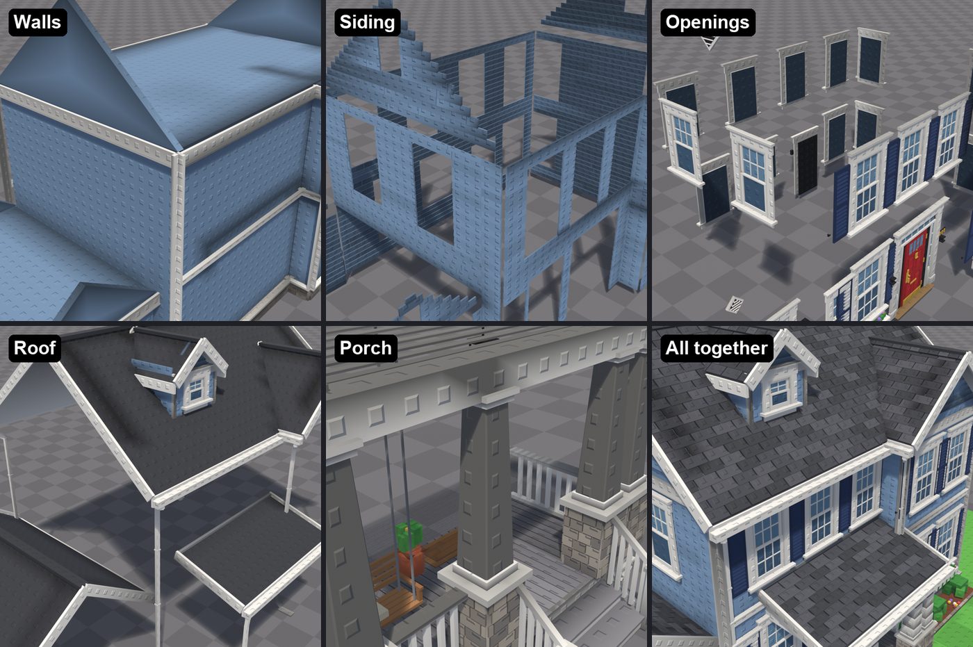 A house built as five separate meshes: walls, siding, openings, roof and porch