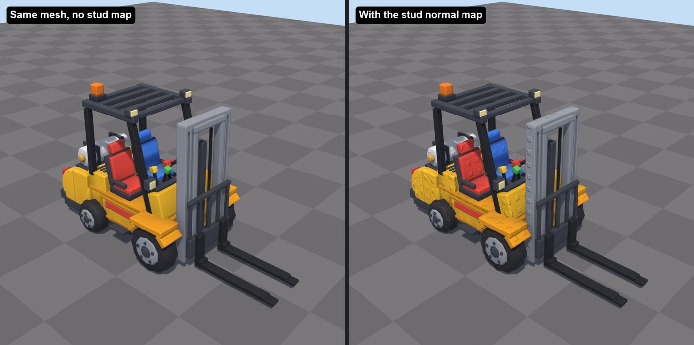 The same forklift mesh without and with the stud normal map