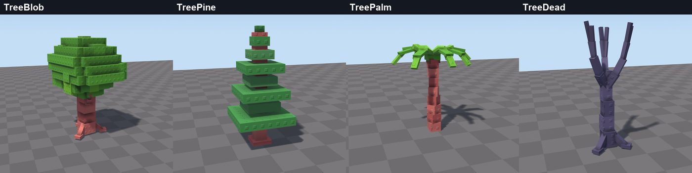 A set of stud trees, each from a recipe and a seed
