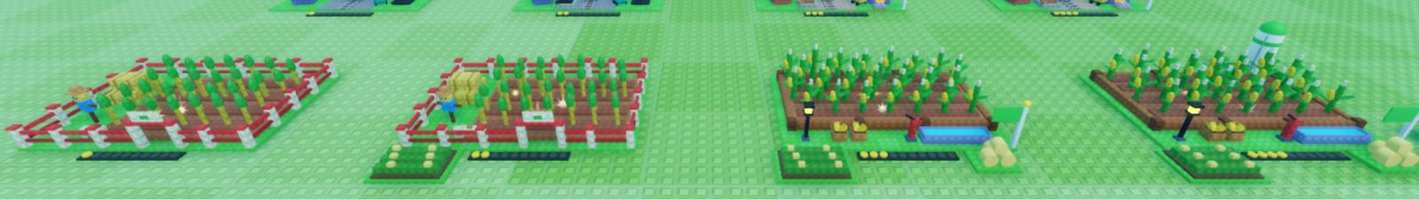 A farm at four increasing levels, each adding props