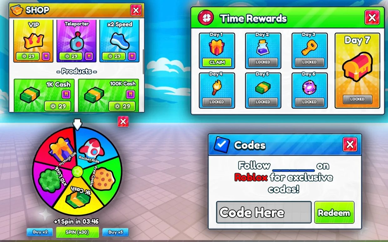 Shop, daily rewards, spin wheel and codes: reference